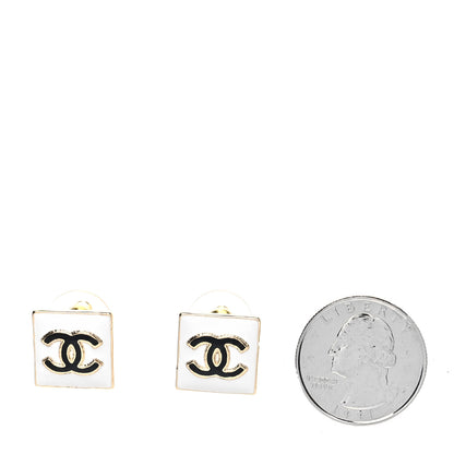 Chanel Metal Enamel CC Square Earrings Gold Black White 2 of 4