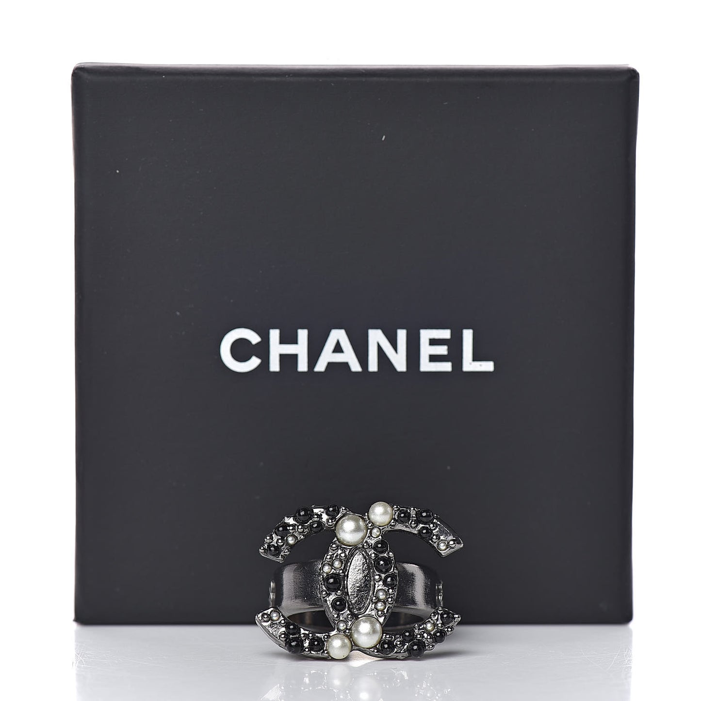 Ruthenium Pearl Beaded CC Ring 7 Black