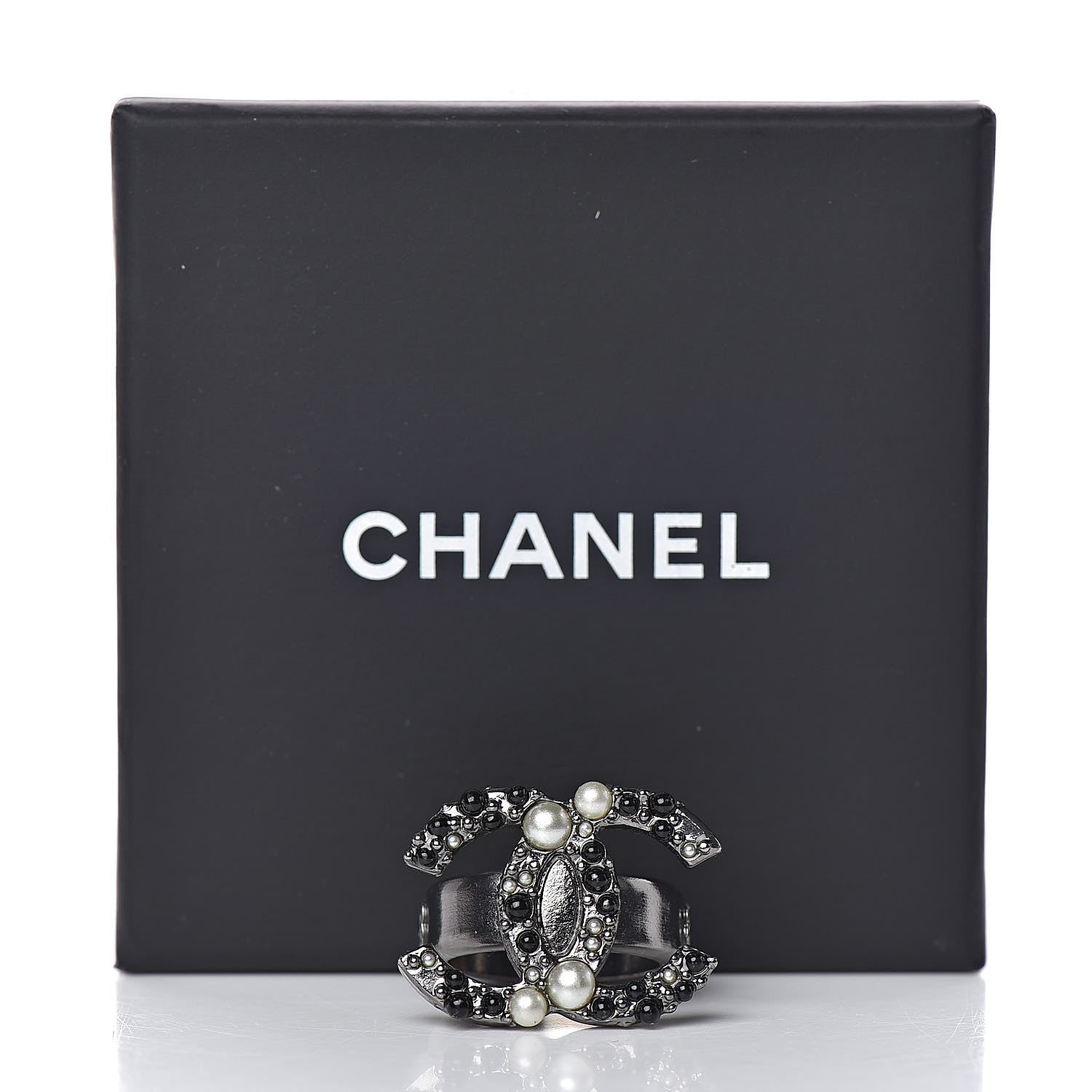 Chanel Ruthenium Pearl Beaded CC Ring 7 Black 5 of 5