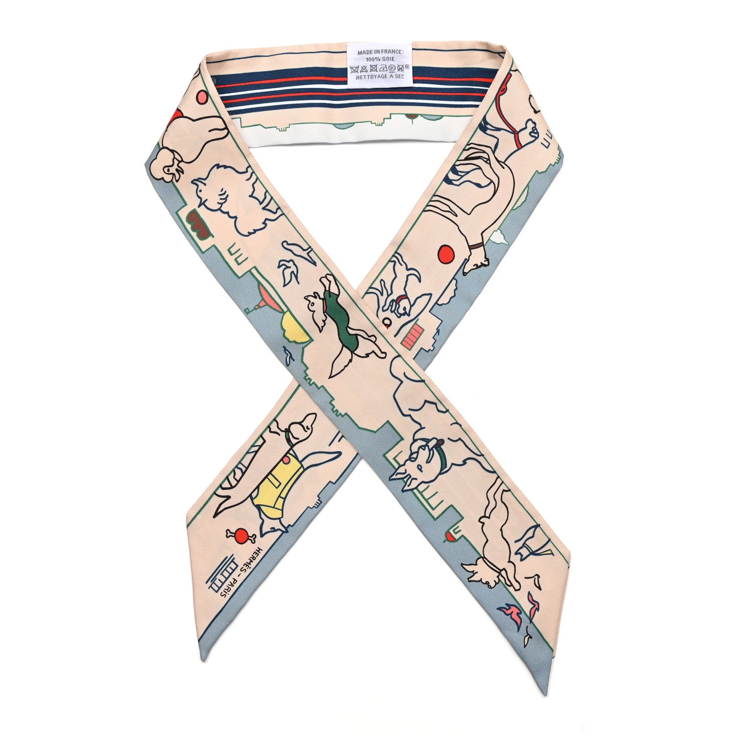 Hermes Silk Les Chiens Parisiens Twilly Creme Bleu Vert 1 of 8
