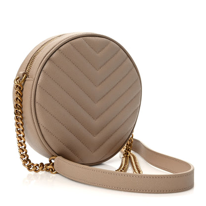 Saint Laurent Grain De Poudre Matelasse Chevron Quilted Round Vinyle Camera Bag Dark Beige 4 of 9