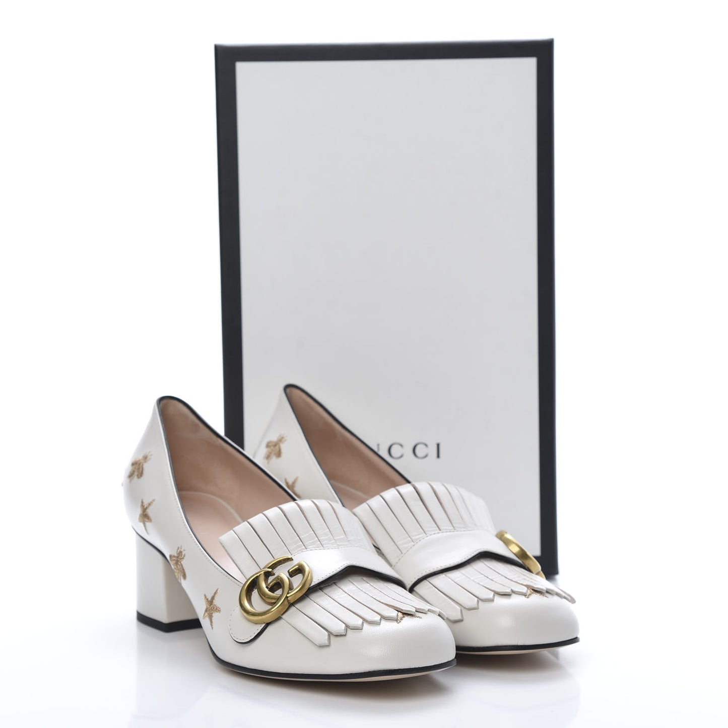 Quentin Goatskin Bee Star Embroidered GG Marmont Fringe 50mm Loafer Pumps 40.5 Mystic White