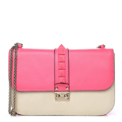 Valentino Garavani Vitello Bi-Color Large Glam Lock Rockstud Flap Fuxia Fluo Ivory 1 of 15