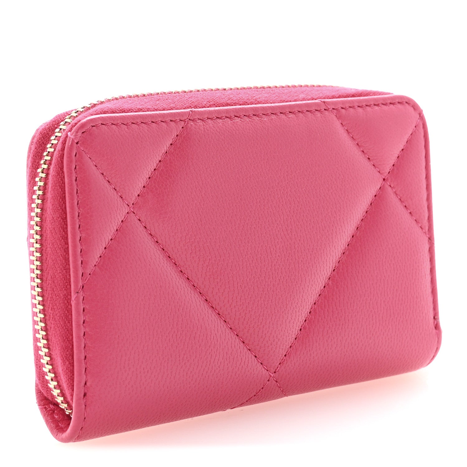 Chanel Shiny Goatskin Quilted Chanel 19 Zip Around Coin Purse Wallet Dark Pink 3 of 7