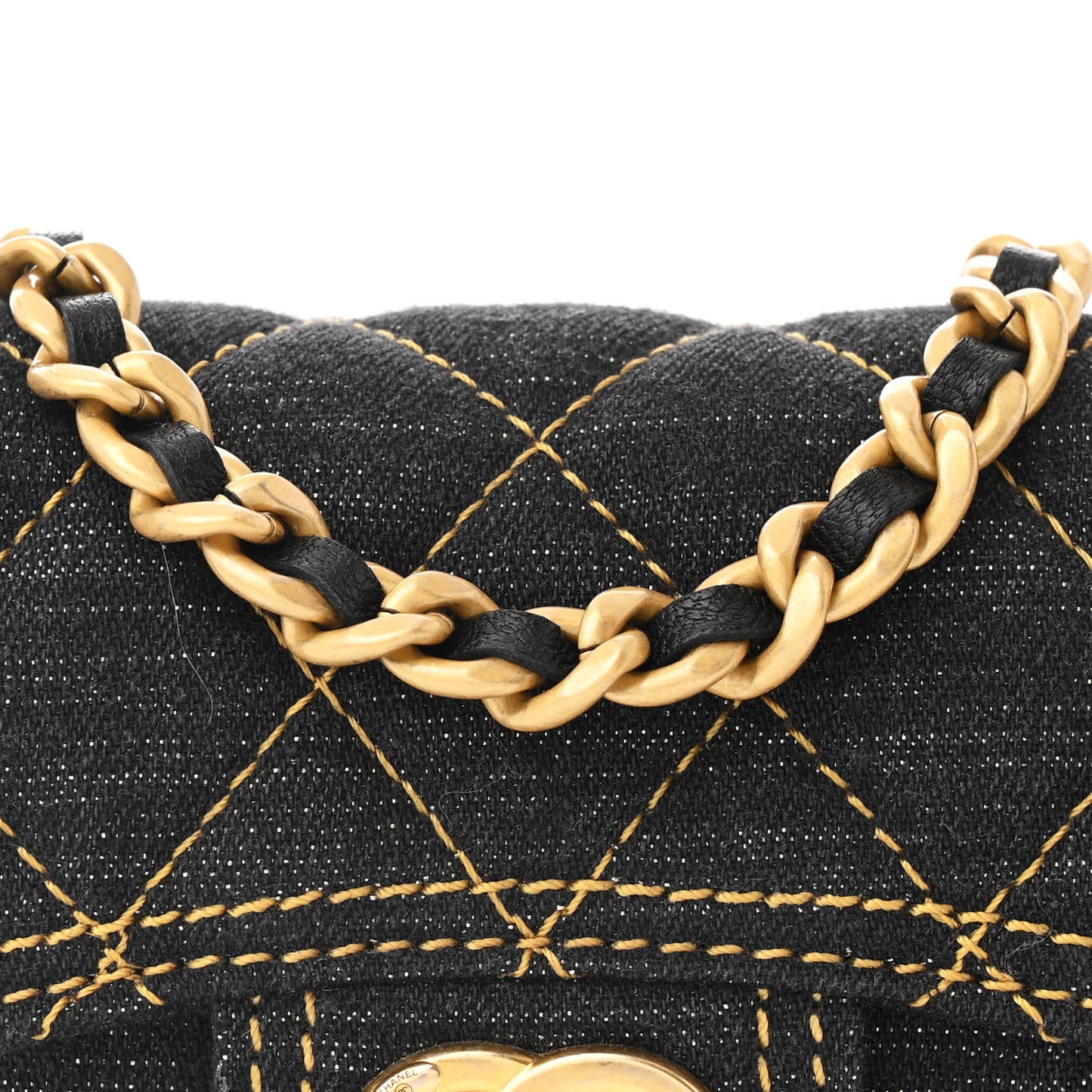 Denim Quilted Double You Card Holder On Chain Black Golden