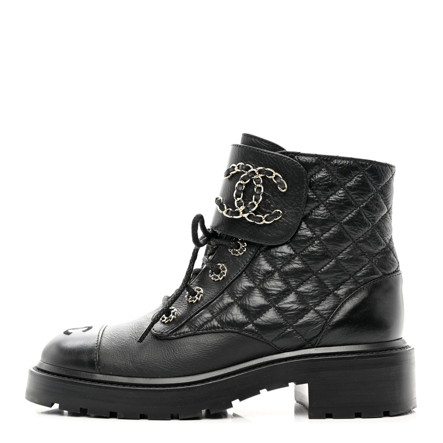 Shiny Calfskin Quilted Lace Up Combat Boots 37.5 Black
