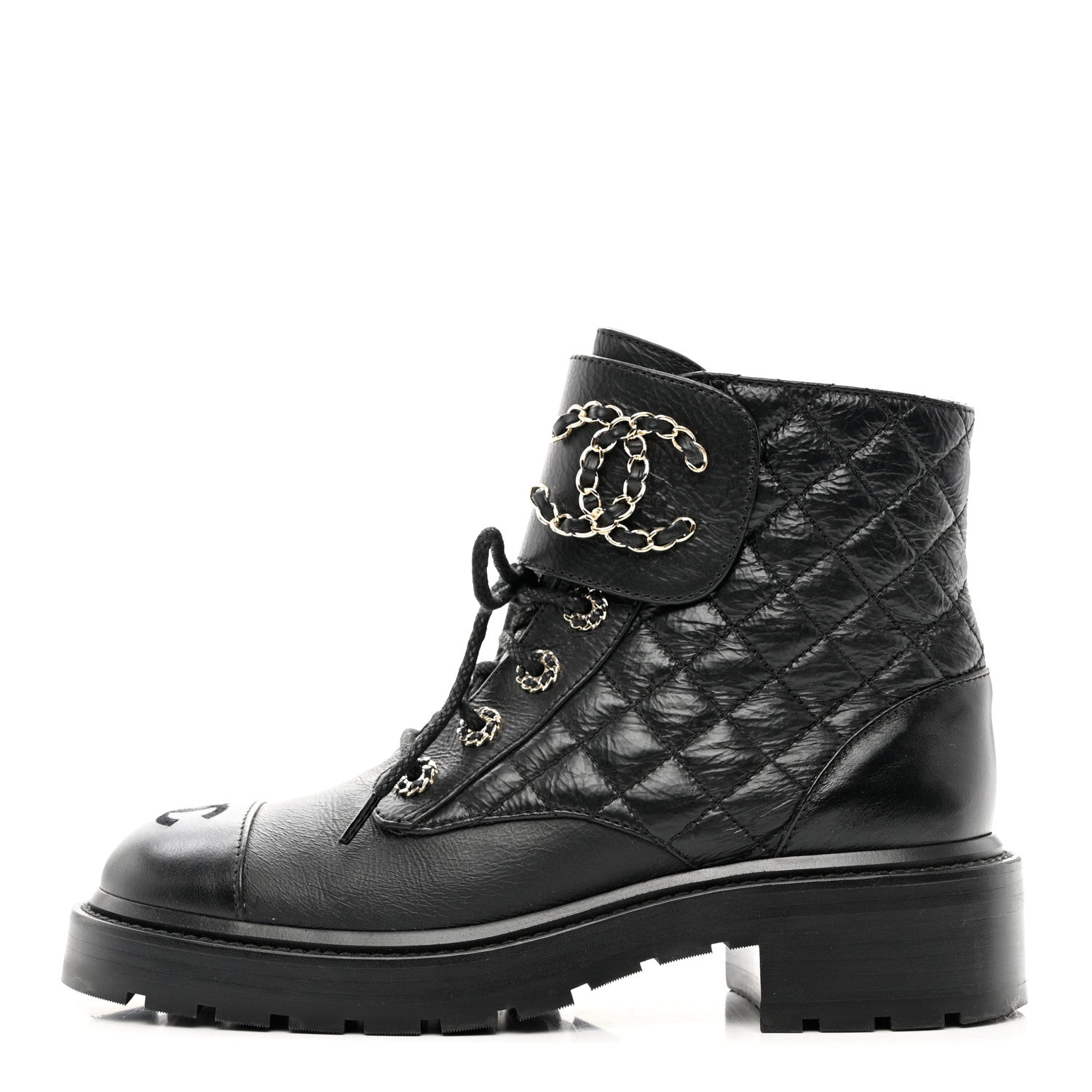 Chanel Shiny Calfskin Quilted Lace Up Combat Boots 37.5 Black 1 of 9