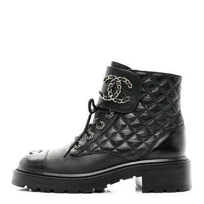 Chanel Shiny Calfskin Quilted Lace Up Combat Boots 37.5 Black 1 of 9
