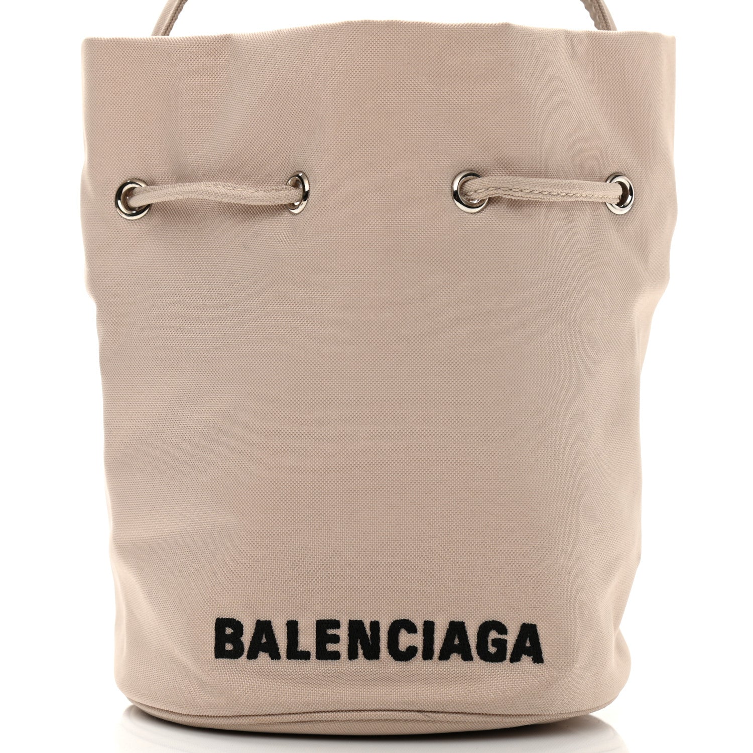 Balenciaga Recycled Sport Nylon Logo Embroidered Wheel Drawstring Bucket Bag Cream Black 7 of 9