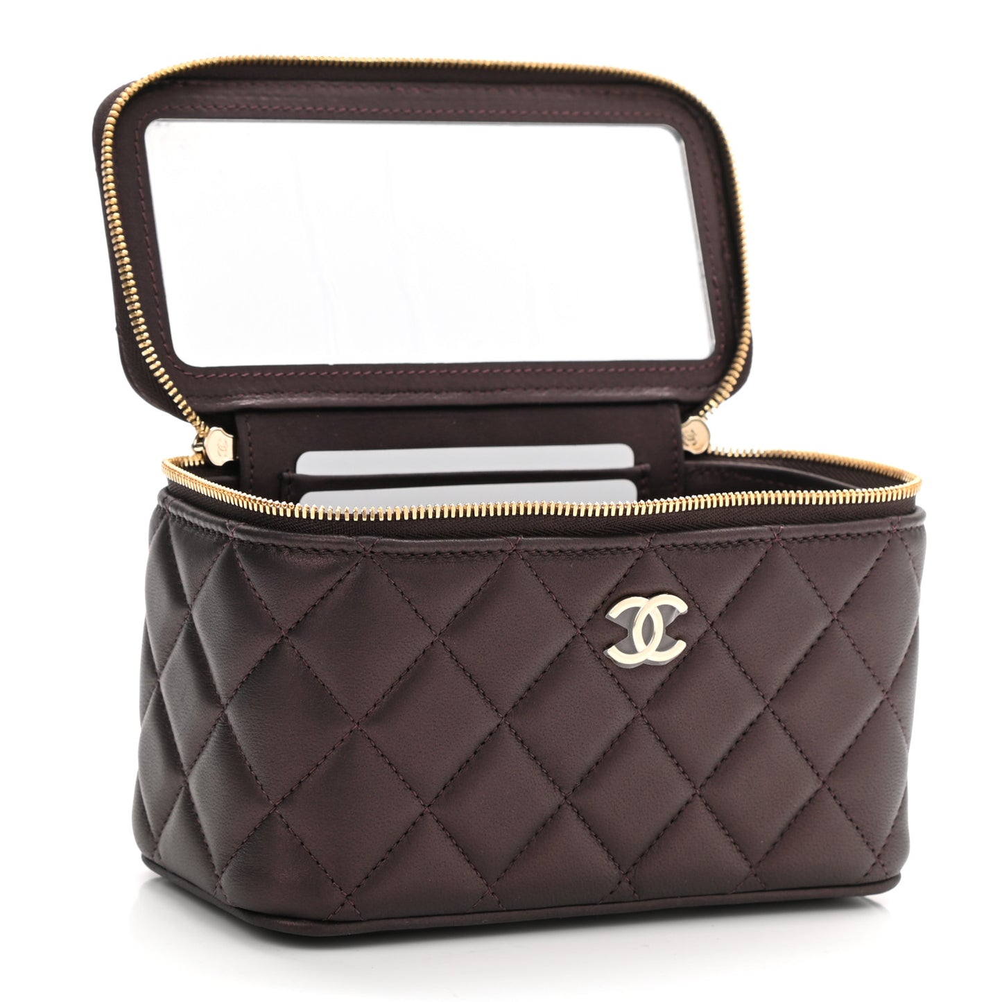 Iridescent Lambskin Quilted Small Top Handle Vanity Case With Chain Burgundy
