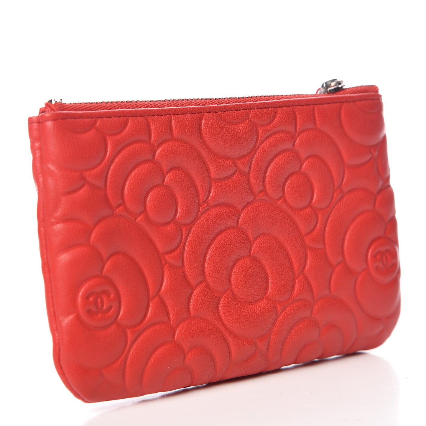 Goatskin Camellia Embossed Cosmetic Pouch Red