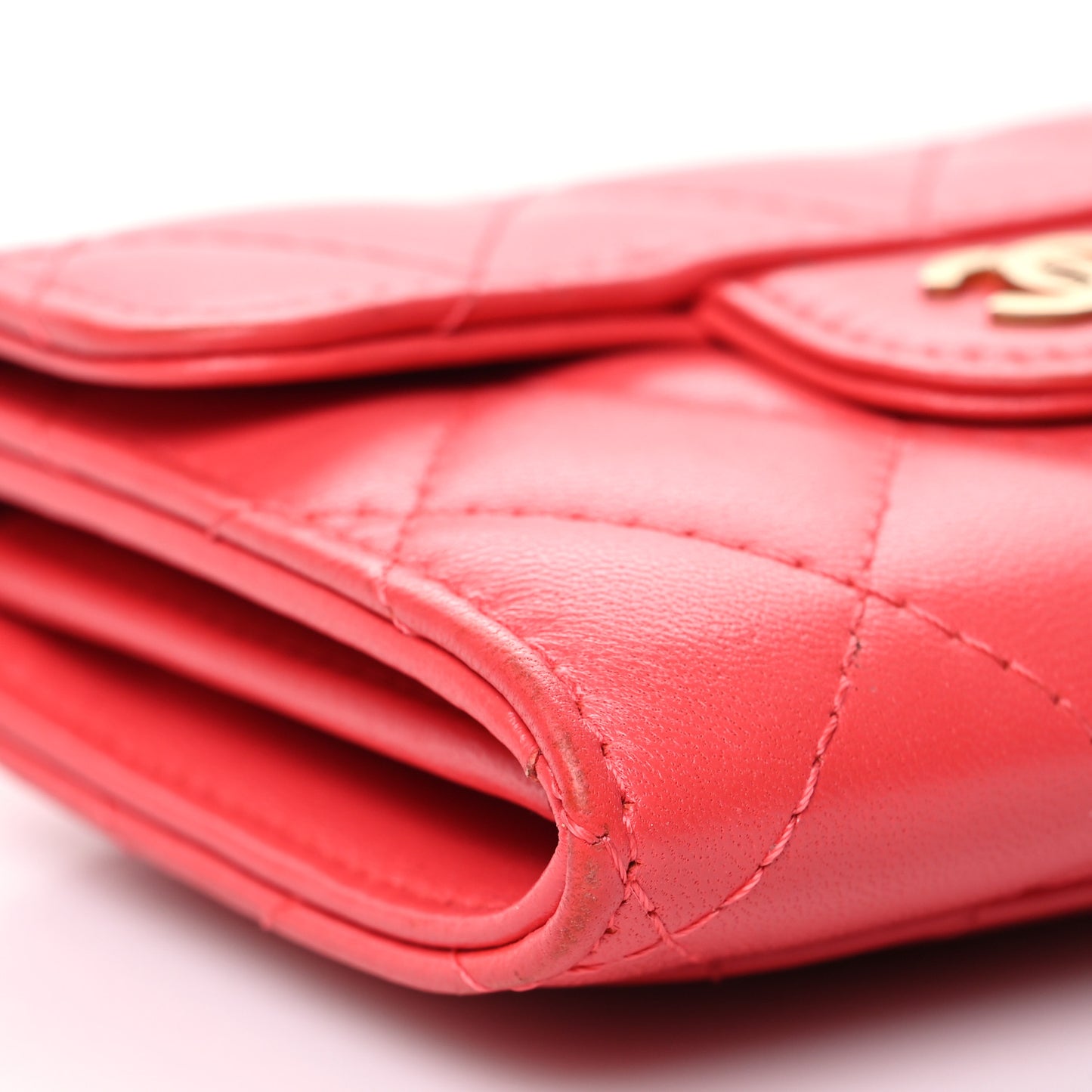 Lambskin Quilted Flap Card Holder Wallet Coral