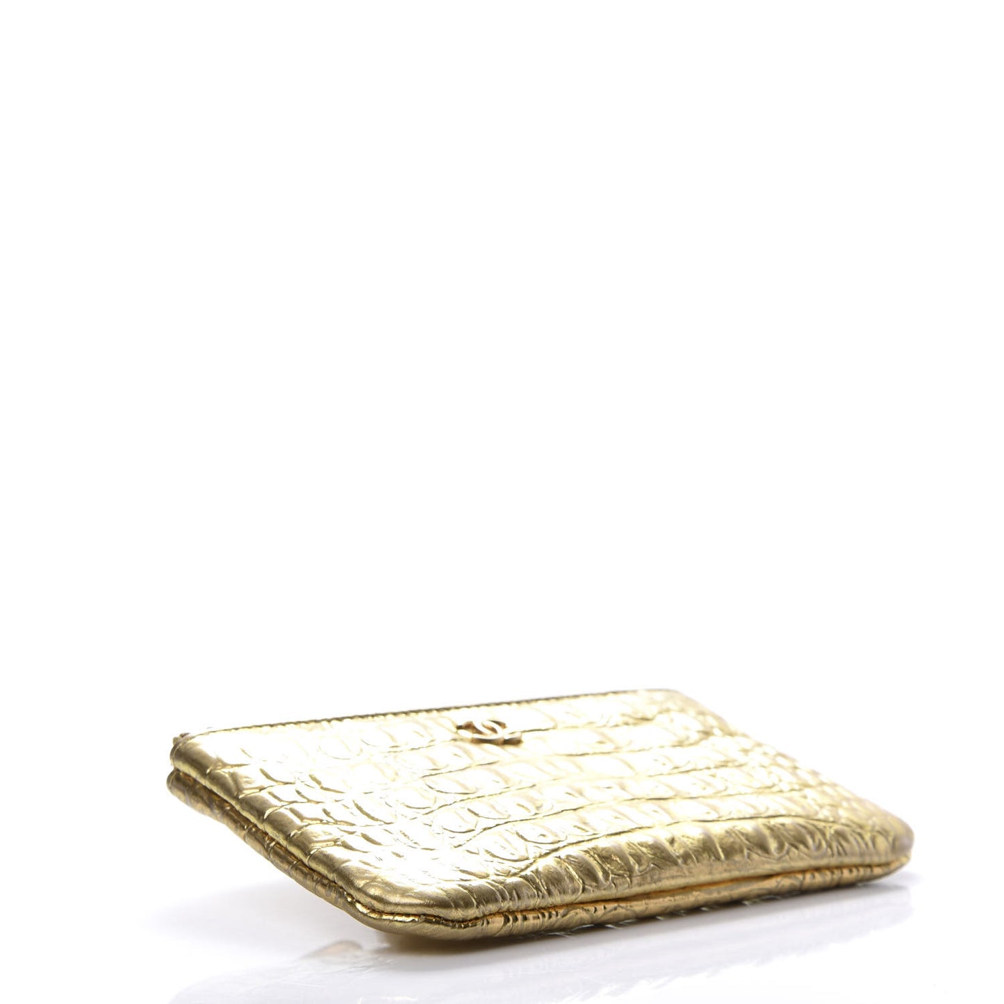 Metallic Calfskin Crocodile Embossed Cocodile Cosmetic Case Gold