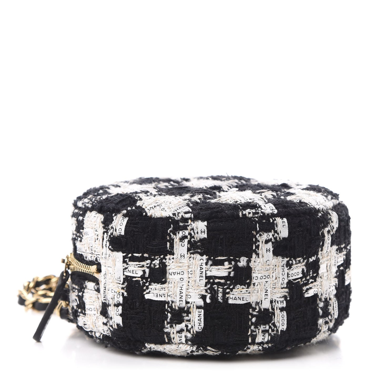 Tweed Round Clutch With Chain Black White