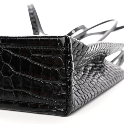 Balenciaga Shiny Calfskin Logo Crocodile Embossed North South Shopper Tote XXS Black White 10 of 10