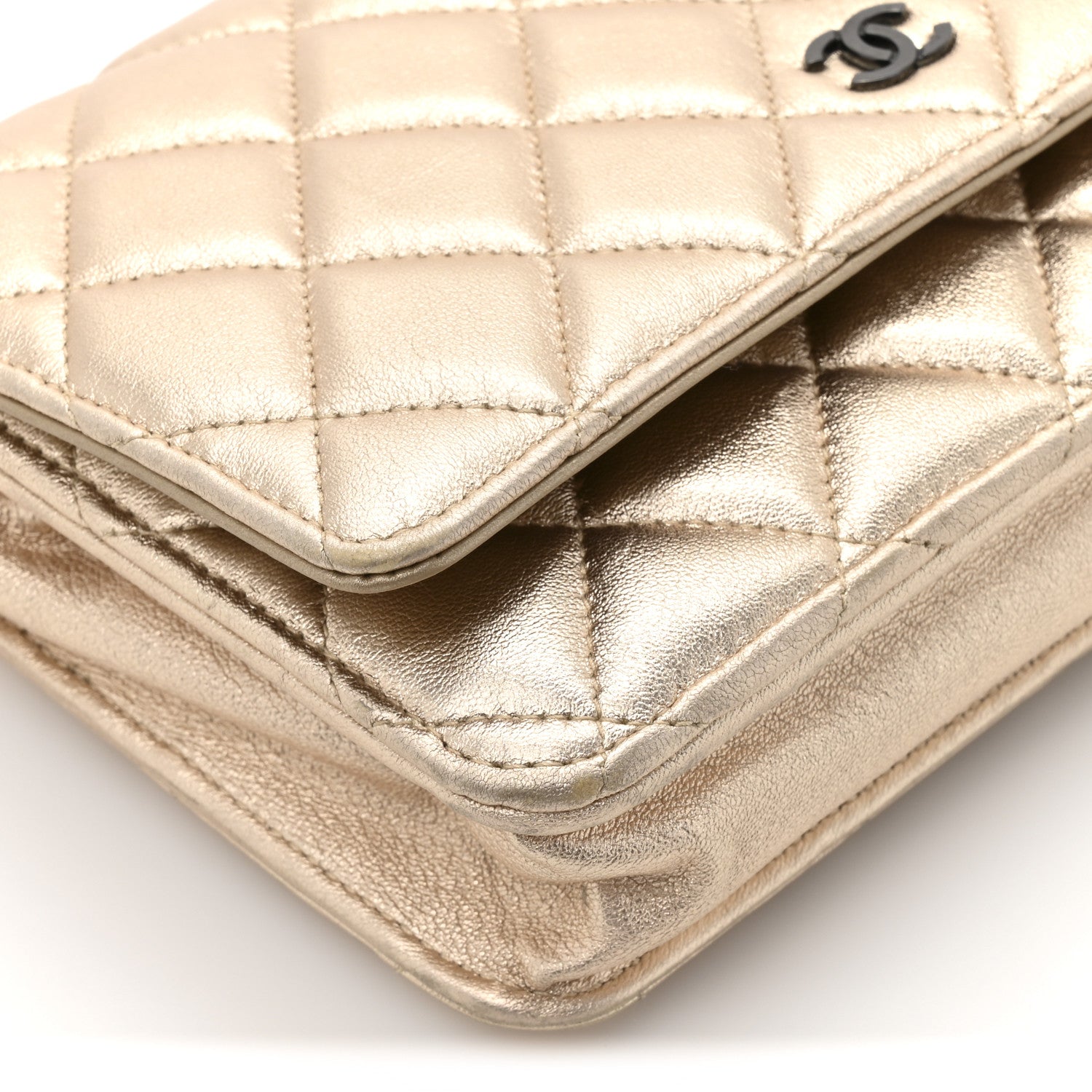 Chanel Metallic Lambskin Quilted Wallet On Chain WOC Gold Black 11 of 13