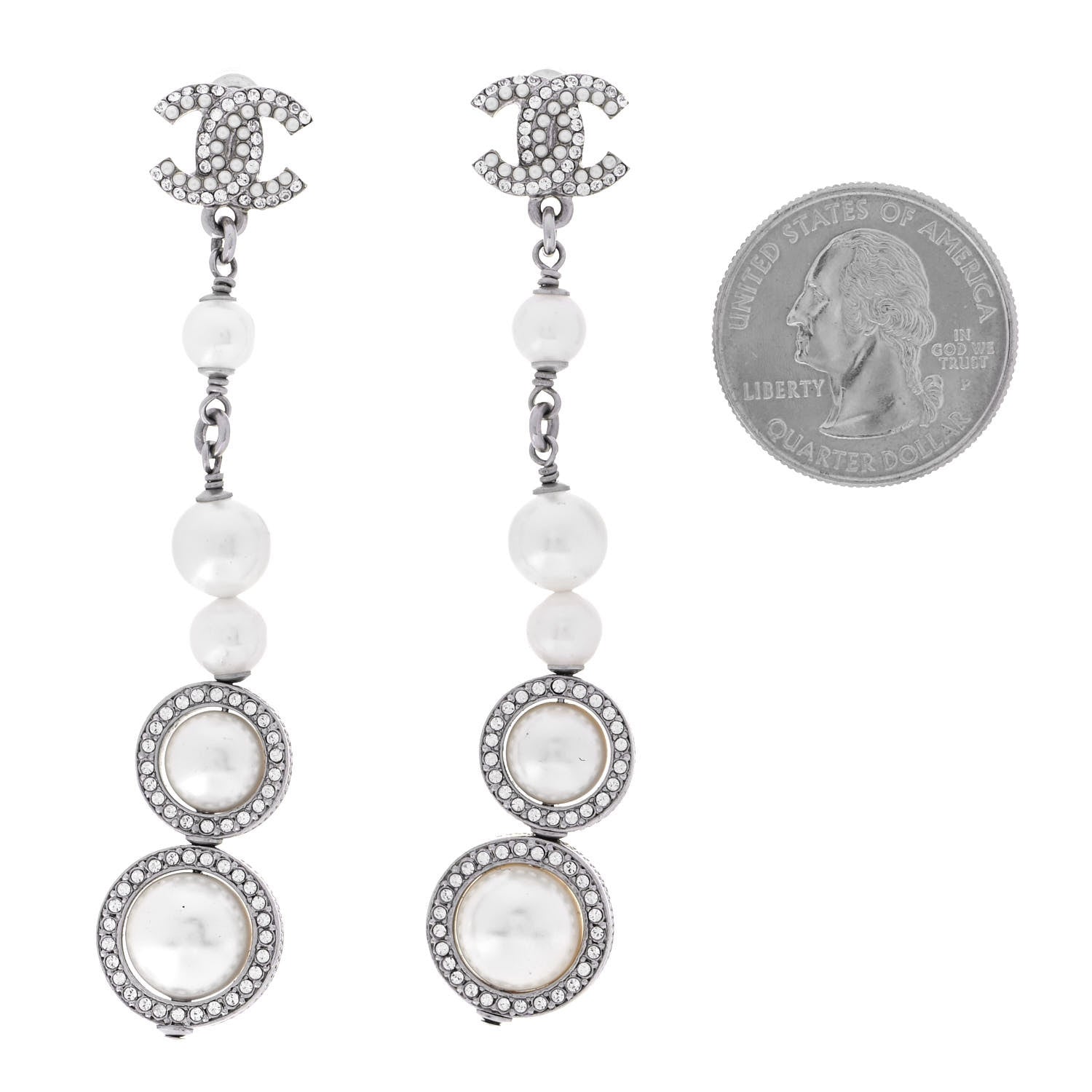 Chanel Crystal CC Pearl Drop Earrings Silver 3 of 7