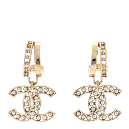 Chanel Crystal Pearl CC Hoop Drop Earrings Gold 1 of 4