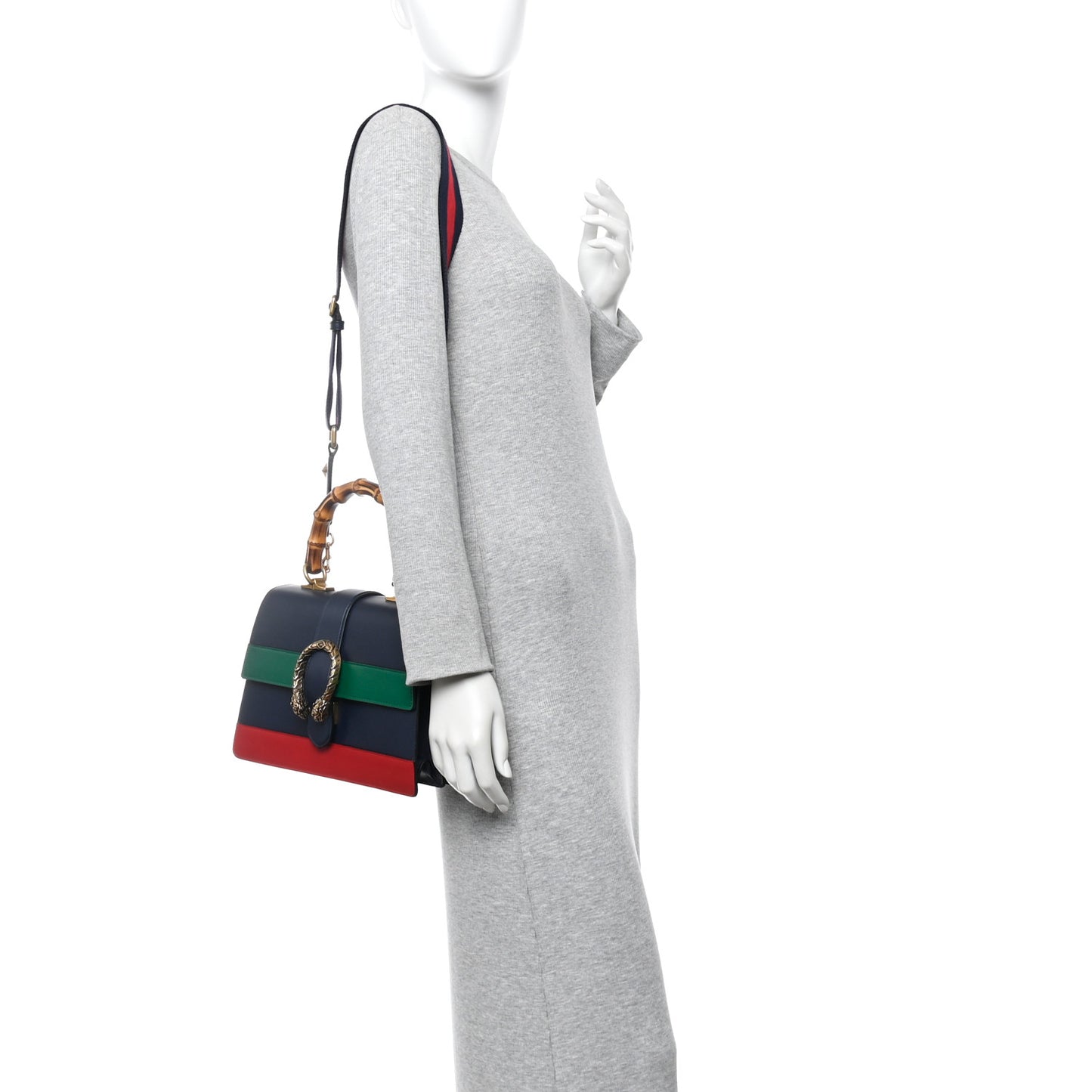 Moon Calfskin Web Medium Dionysus Bamboo Top Handle Bag Black Bright Evergreen Hibiscus Red