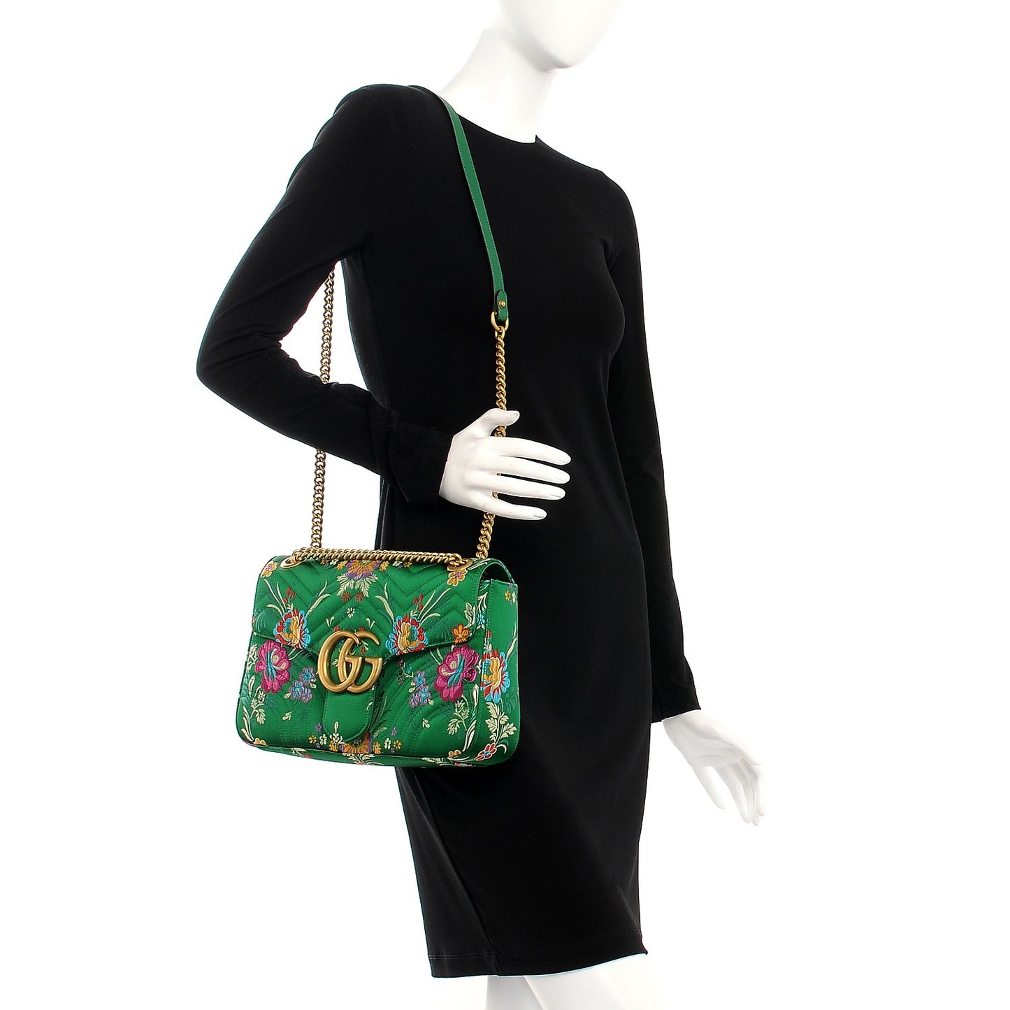 Jacquard Matelasse Floral Medium GG Marmont Shoulder Bag Green