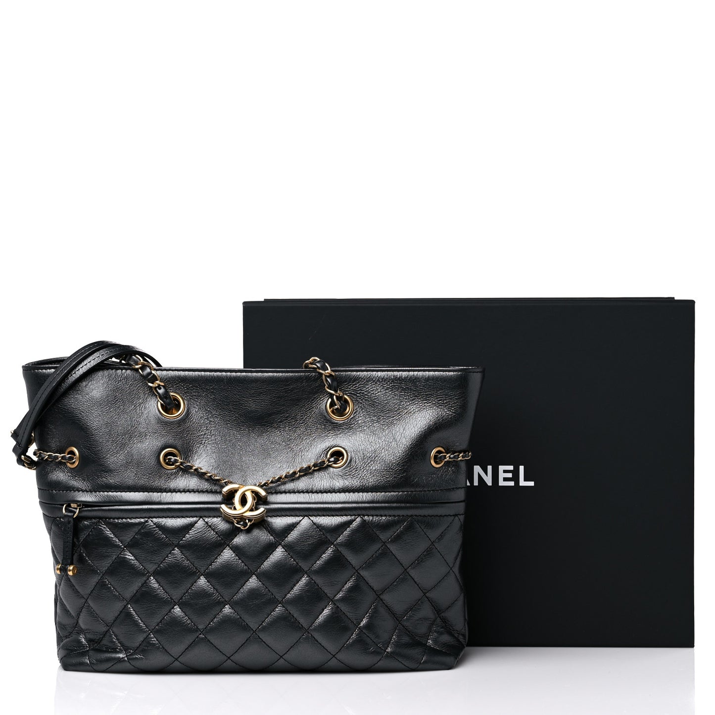 Metallic Aged Calfskin Quilted Drawstring Shopping Tote Dark Grey