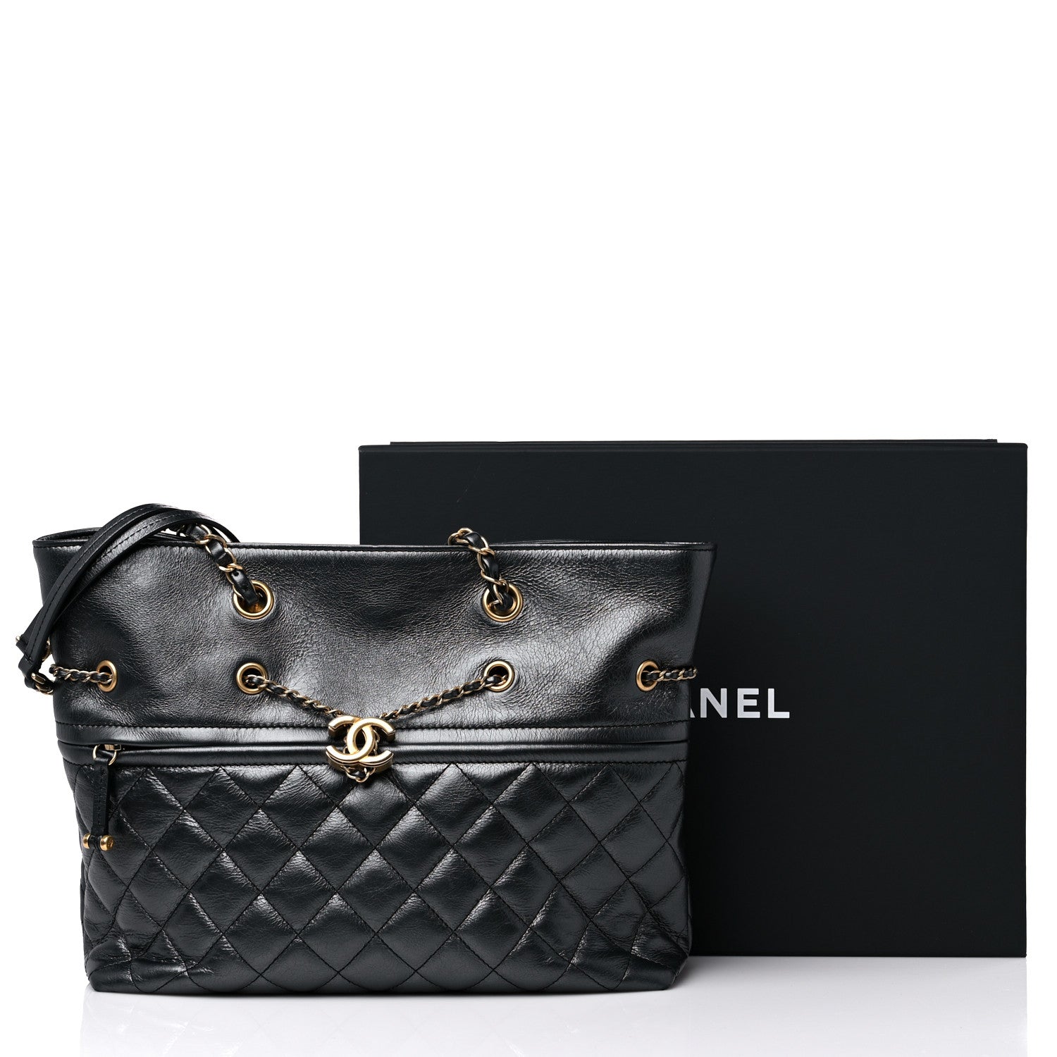 Chanel Metallic Aged Calfskin Quilted Drawstring Shopping Tote Dark Grey 12 of 12