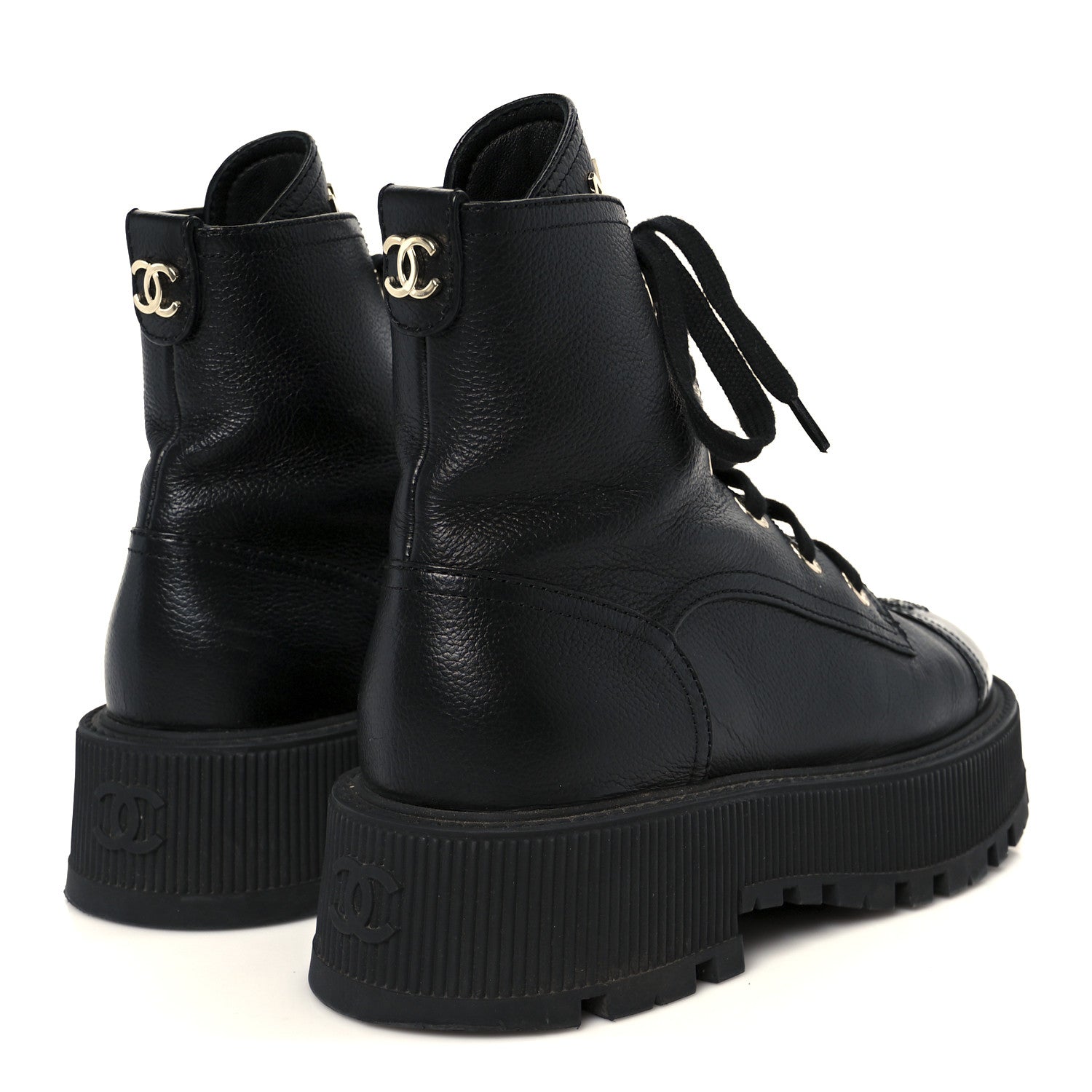 Chanel Grained Calfskin Shiny Calfskin CC Lace Up Combat Boots