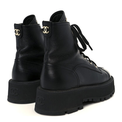 Chanel Grained Calfskin Shiny Calfskin CC Lace Up Combat Boots 37.5 Black 5 of 11