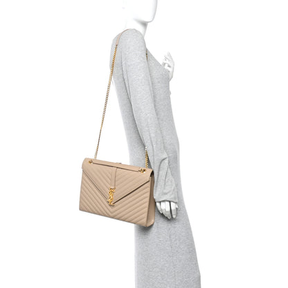 Saint Laurent Grain De Poudre Matelasse Chevron Large Monogram Satchel Dark Beige 2 of 9