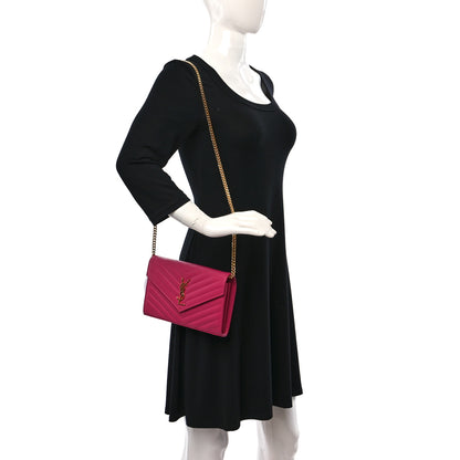 Saint Laurent Grain De Poudre Matelasse Chevron Monogram Chain Wallet Lipstick Fuchsia 2 of 9