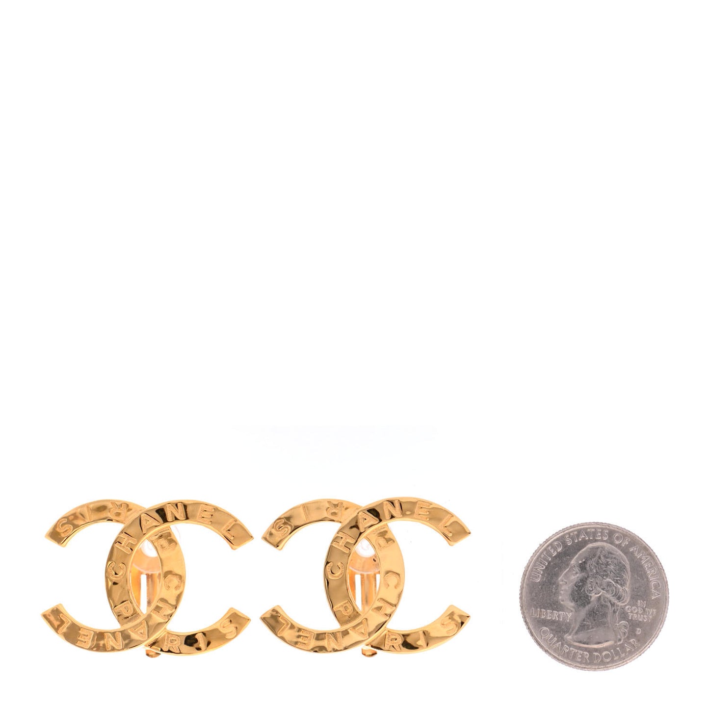 Metal CC Paris Button Clip On Earrings Gold