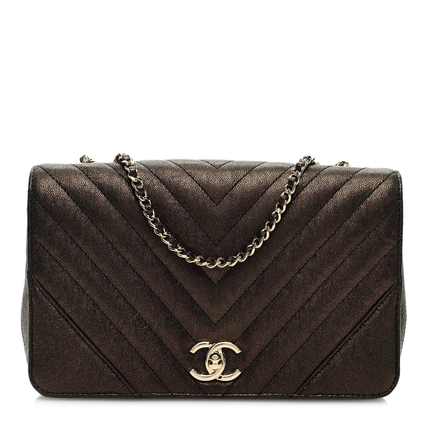 Metallic Caviar Chevron Quilted Medium Statement Flap Bronze