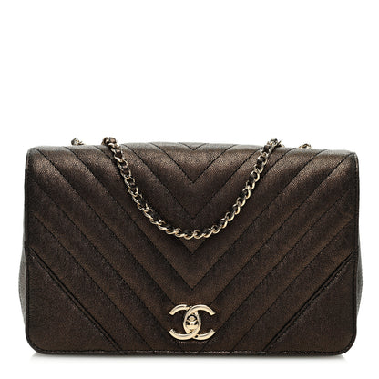 Chanel Metallic Caviar Chevron Quilted Medium Statement Flap Bronze 1 of 9