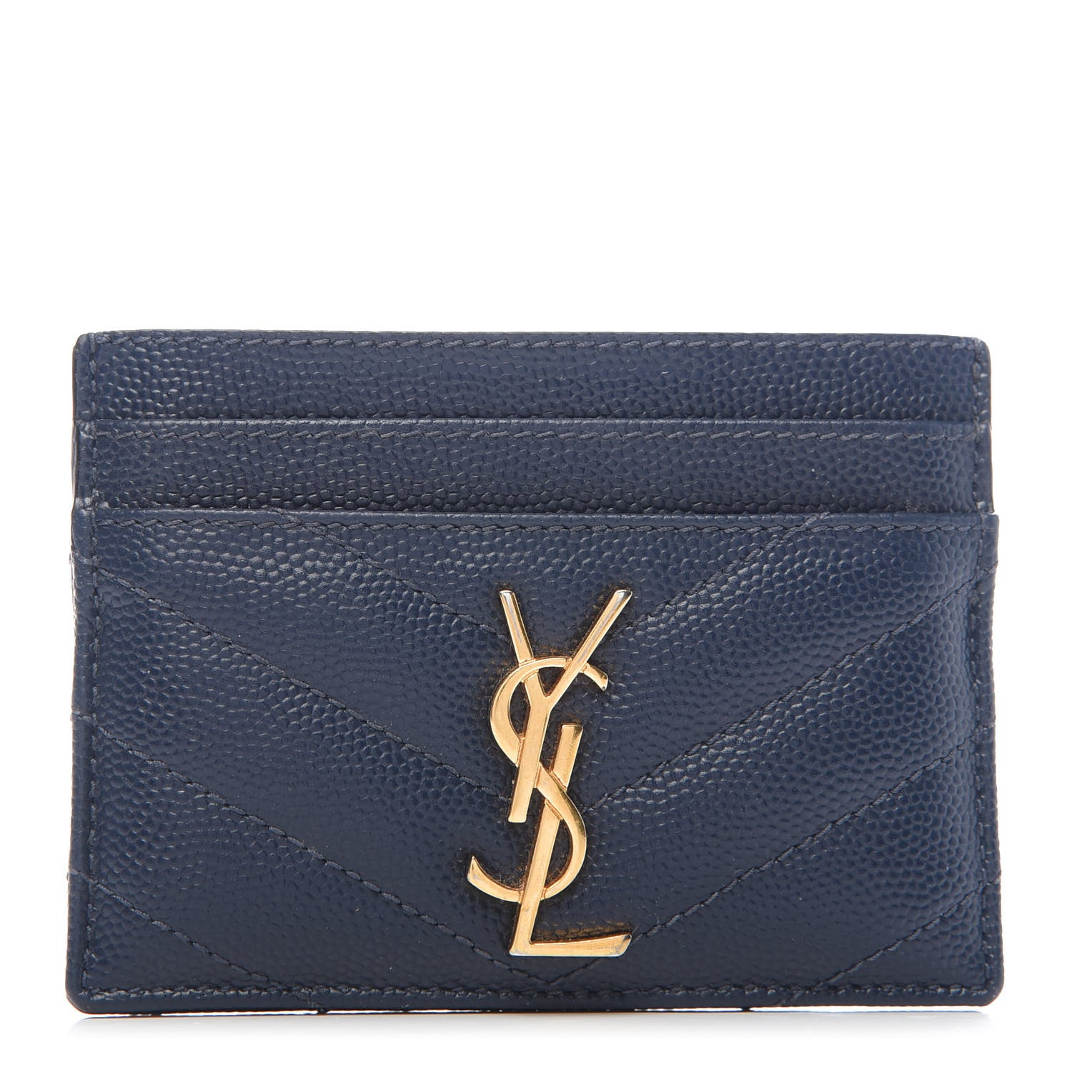Saint Laurent Grain De Poudre Matelasse Chevron Monogram Credit Card Case Navy 1 of 8
