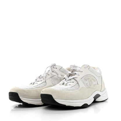 Chanel Painted Iridescent Cotton Tweed Suede Womens CC Sneakers 39 White Silver Multicolor 4 of 16