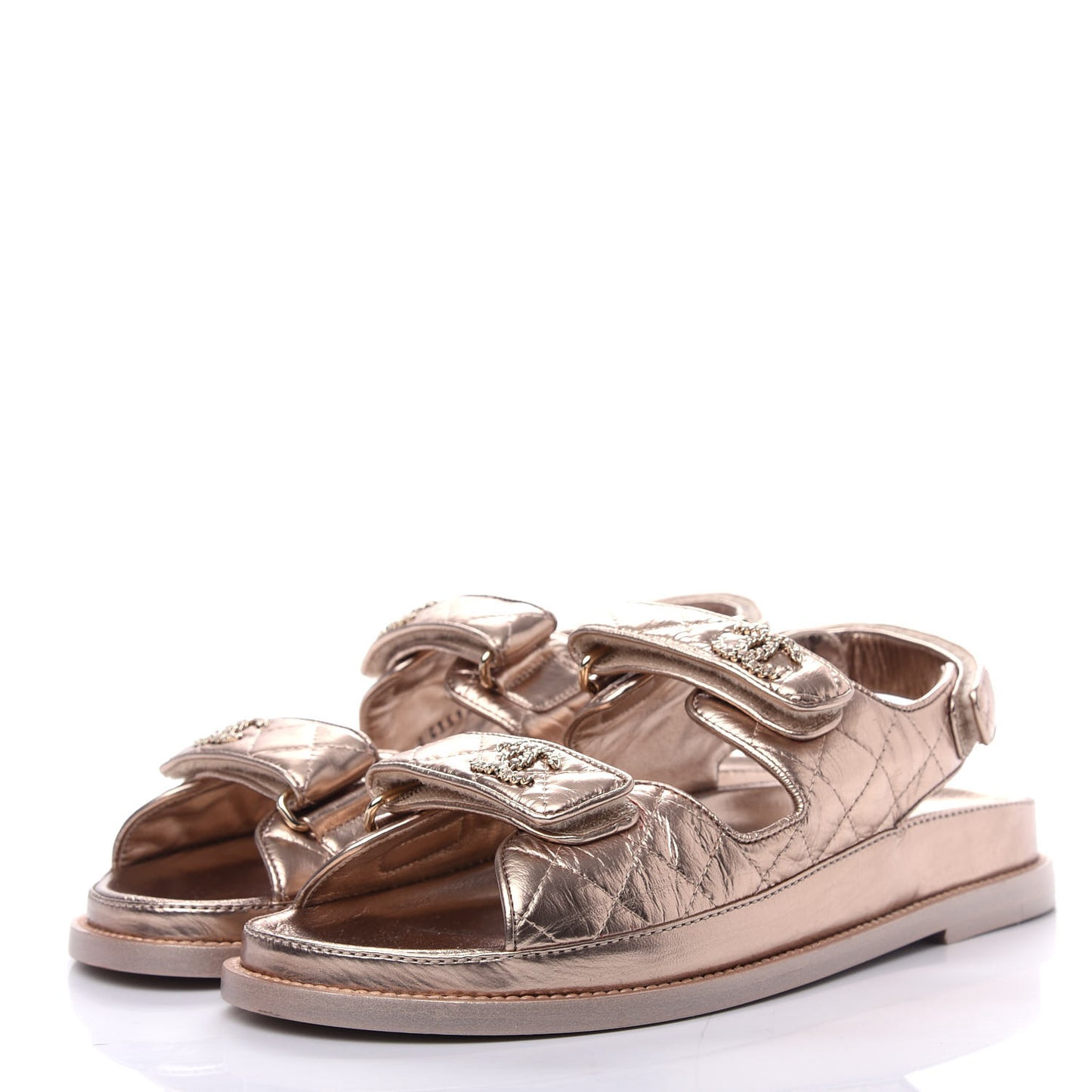 Iridescent Lambskin Quilted Velcro Dad Sandals 38.5 Light Bronze