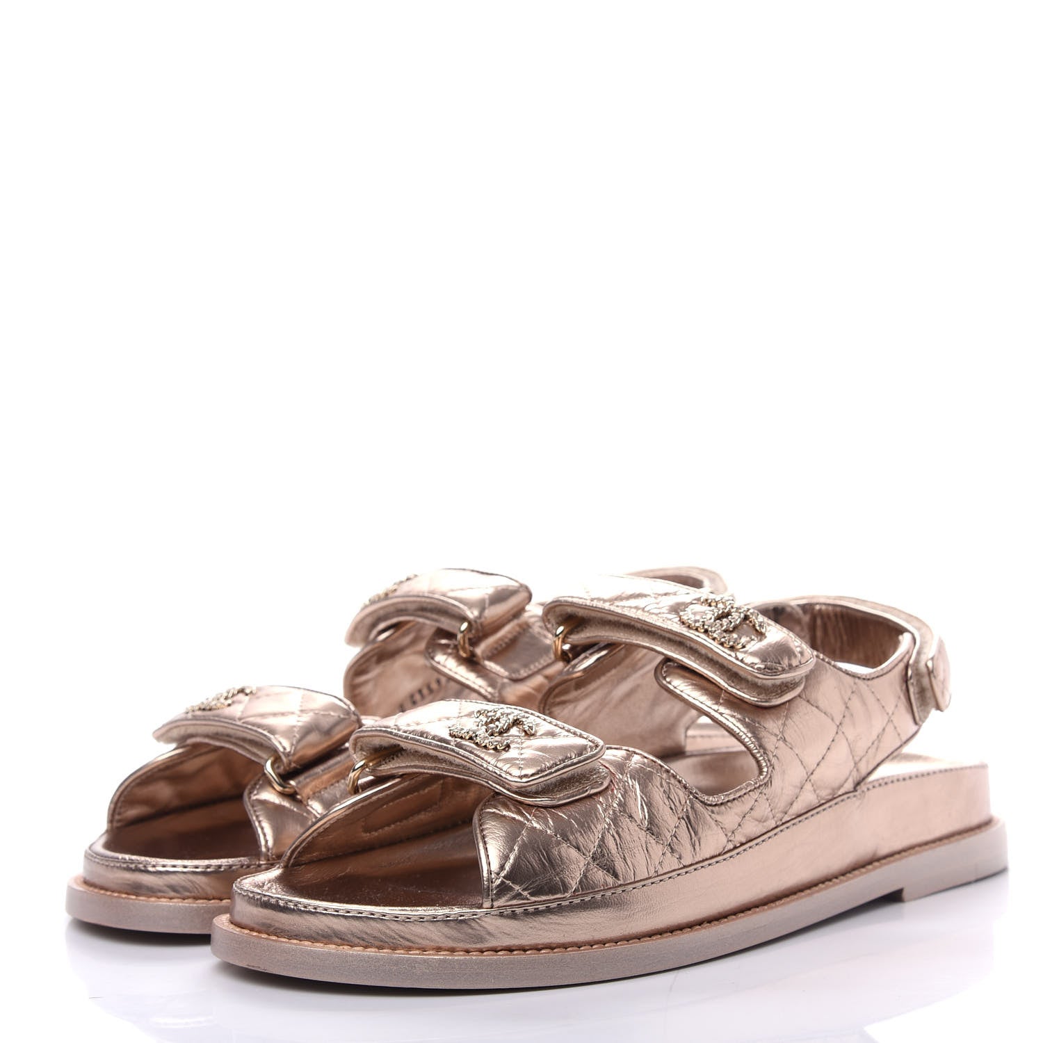 Chanel Iridescent Lambskin Quilted Velcro Dad Sandals 38.5 Light Bronze 3 of 11
