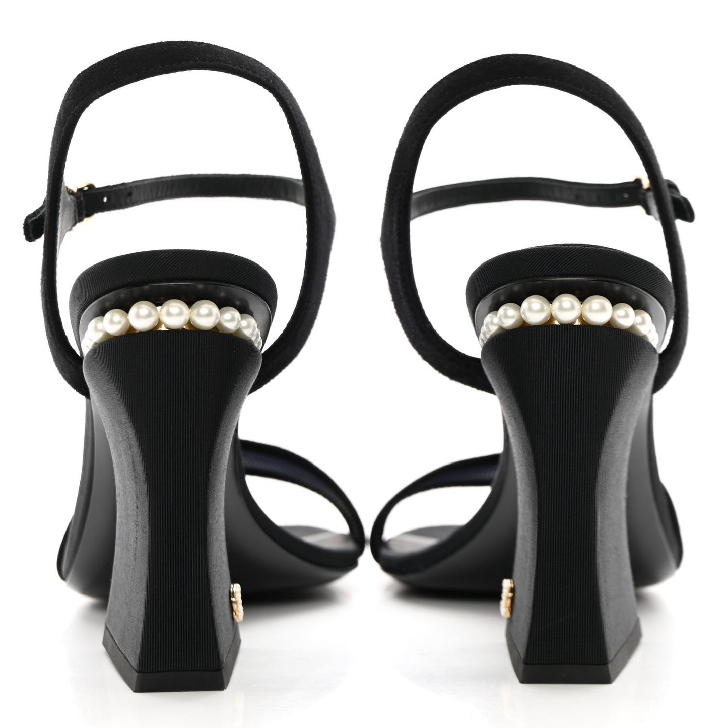 Lambskin Grosgrain Open Toe Pearl Sandal Heels 39.5 Black