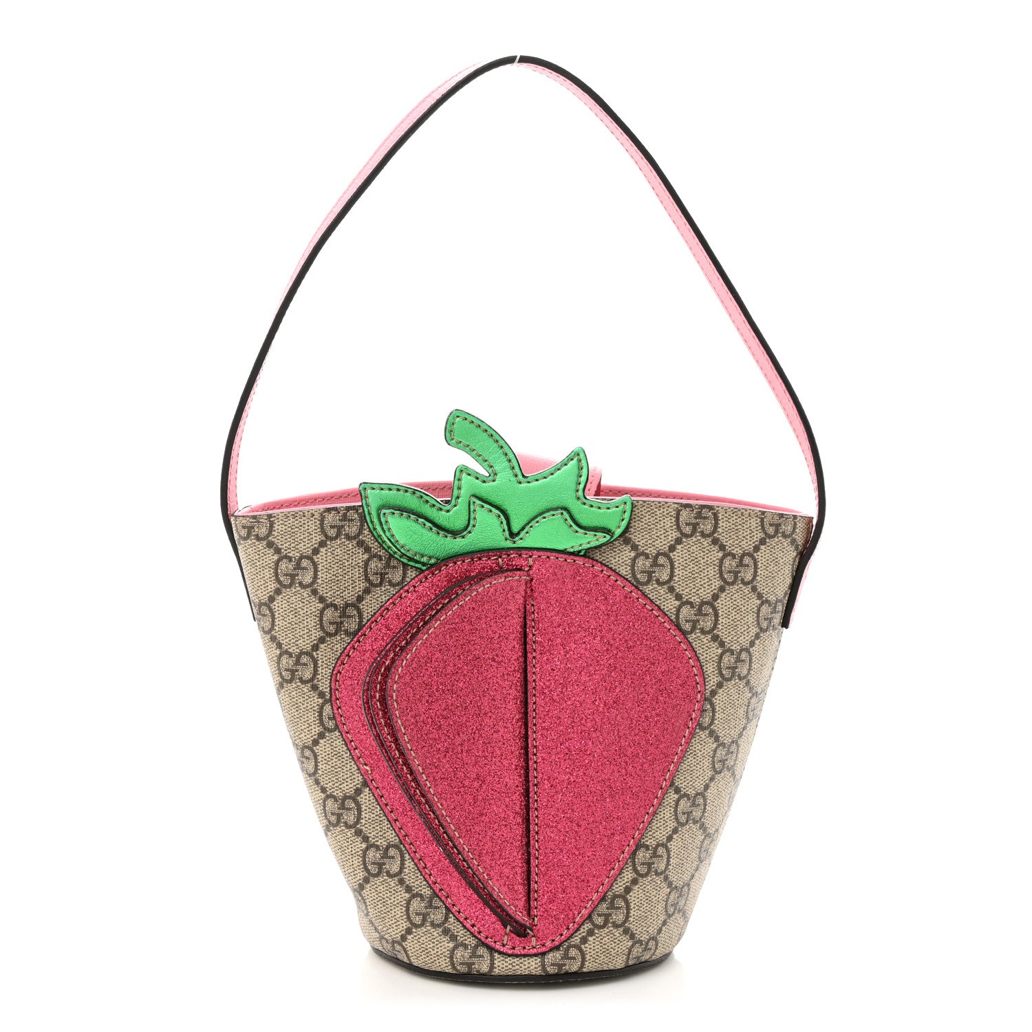 Gucci GG Supreme Monogram 3-D Strawberry Childrens Bucket Tote Beige Ebony Lotus Pink Fuxia Emerald 1 of 12