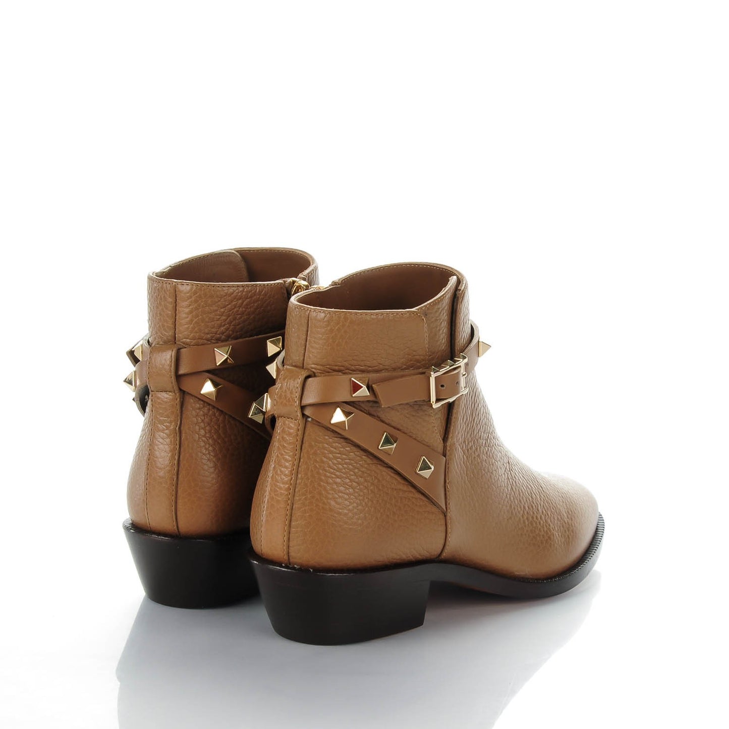 Grained Calfskin Rockstud Single Buckle 35mm Cowboy Ankle Boots 36 Nocciola