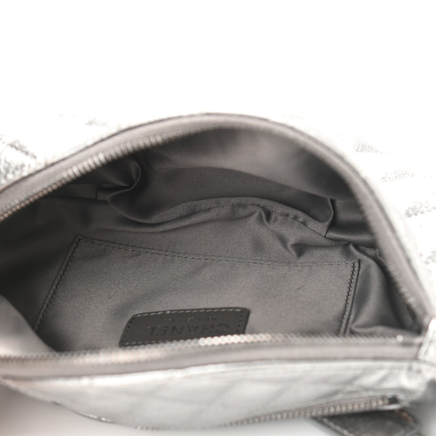 Metallic Calfskin Quilted Banane Waist Bag Fanny Pack Dark Silver
