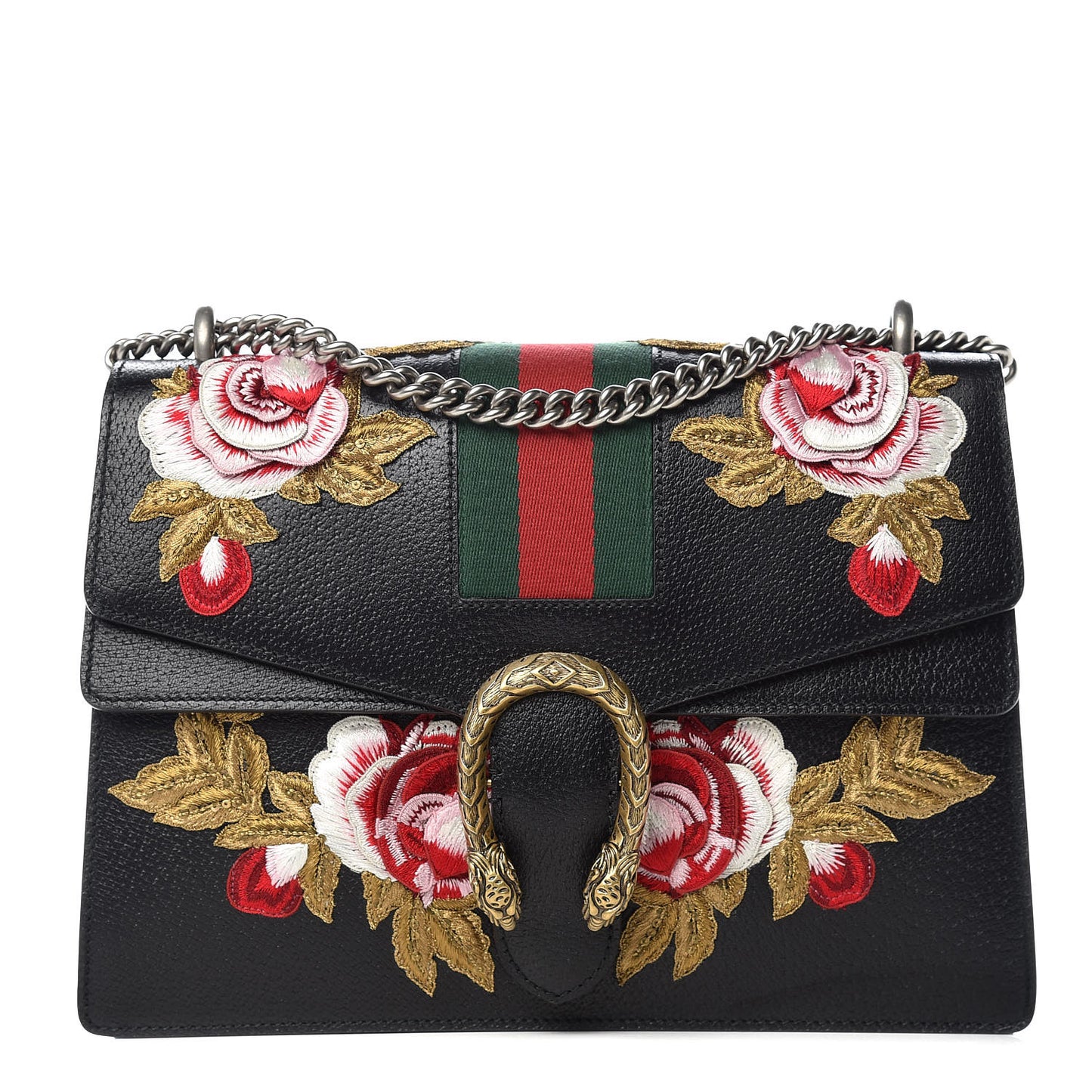 Calfskin Web Floral Embroidered Medium Dionysus Shoulder Bag Black