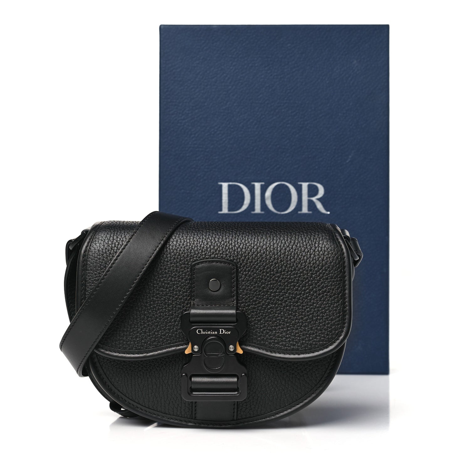 Grained Calfskin Mini Saddle Messenger Bag With Strap Black
