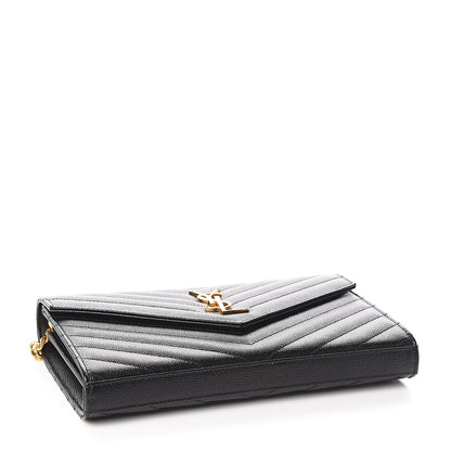 Saint Laurent Grain De Poudre Matelasse Chevron Monogram Chain Wallet Black 3 of 9