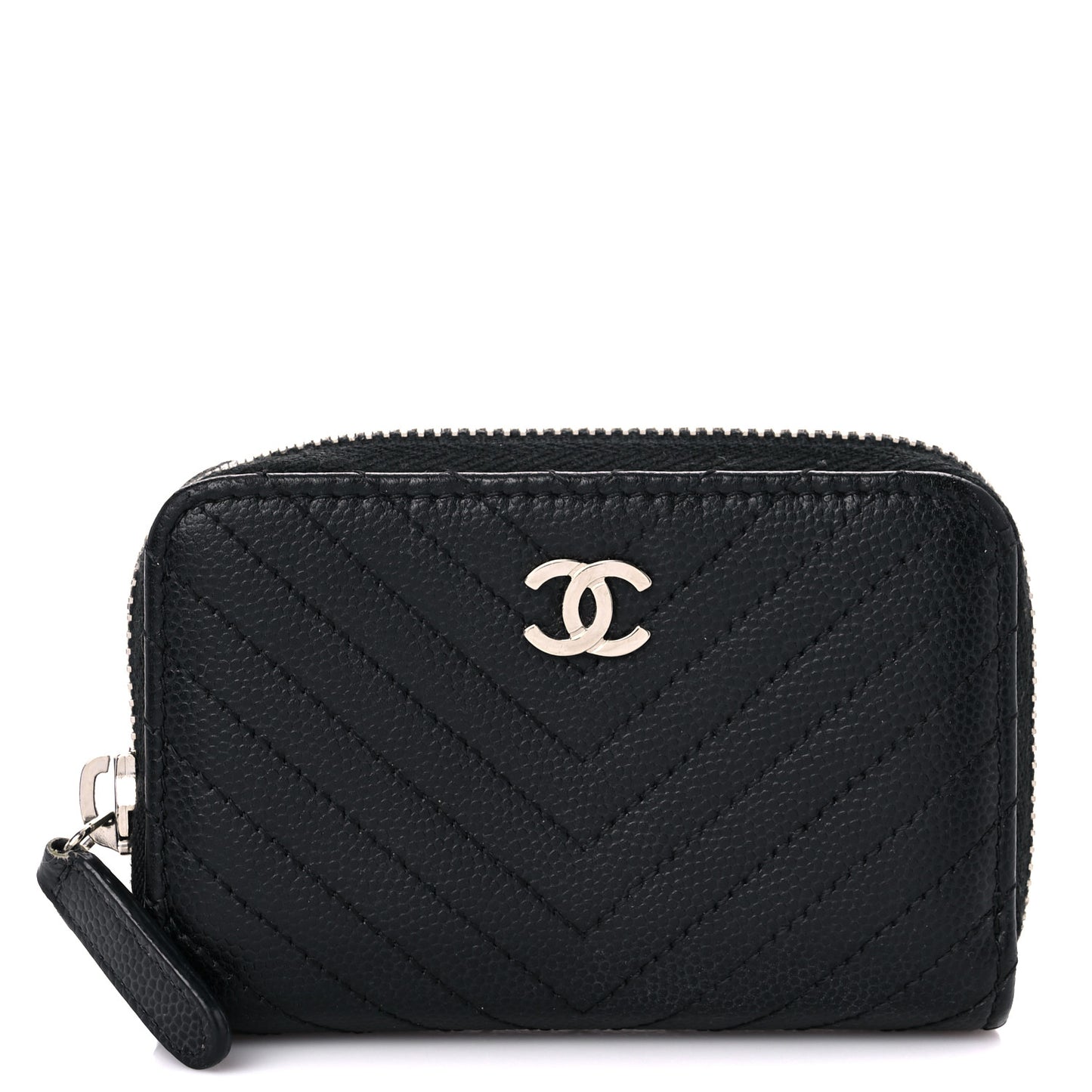 Caviar Chevron Quilted Zip Around Coin Purse Black