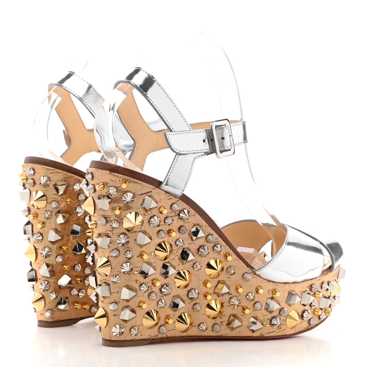 Calfskin Lame Cork Almericca 120 Studded Wedge Sandals 42 Silver