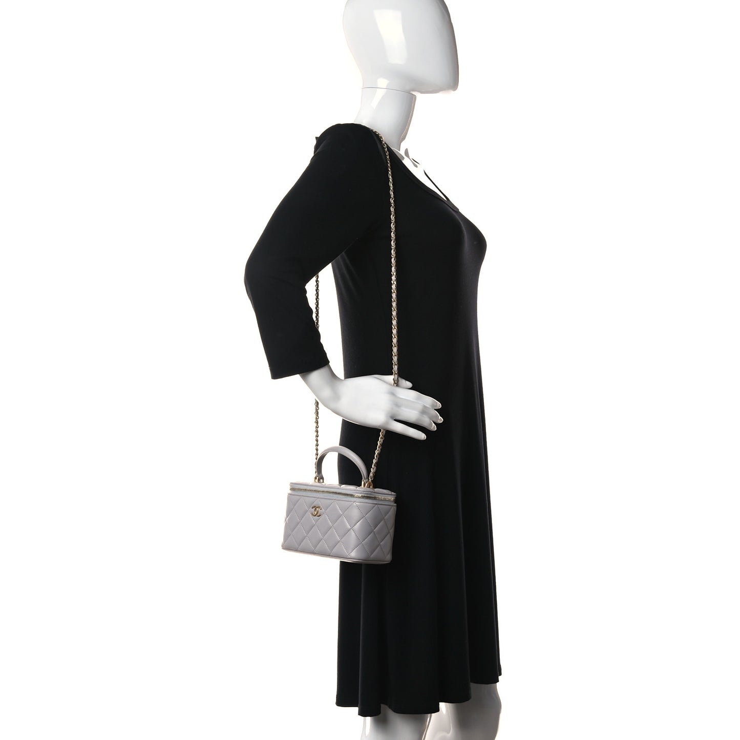 Lambskin Quilted Small Top Handle Vanity Case With Chain Grey
