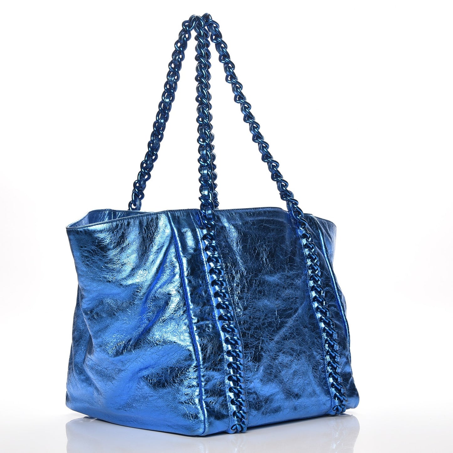 Metallic Cracked Calfskin Modern Chain Tote Blue