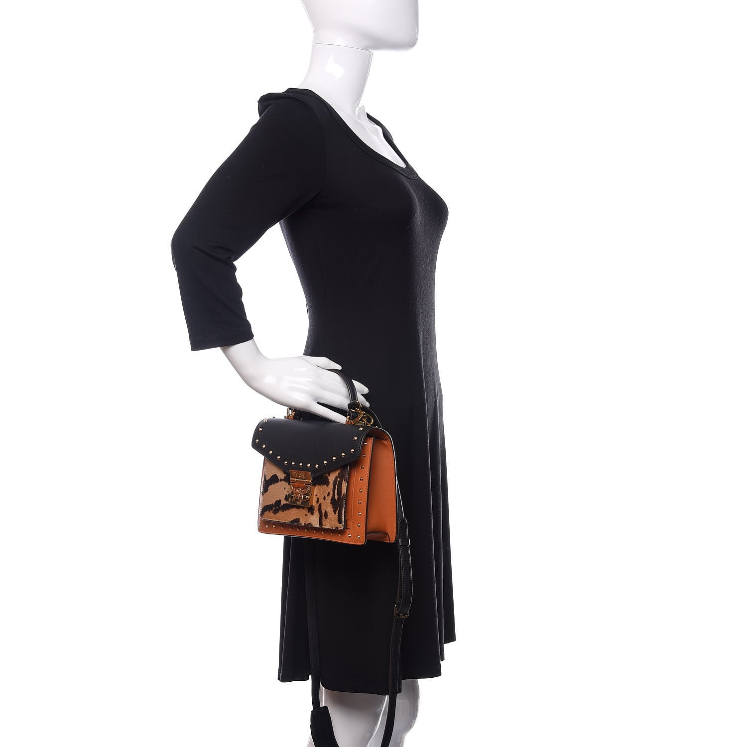 MCM Calfskin Leopard Studded Small Patricia Crossbody Bag Cognac Black 3 of 11