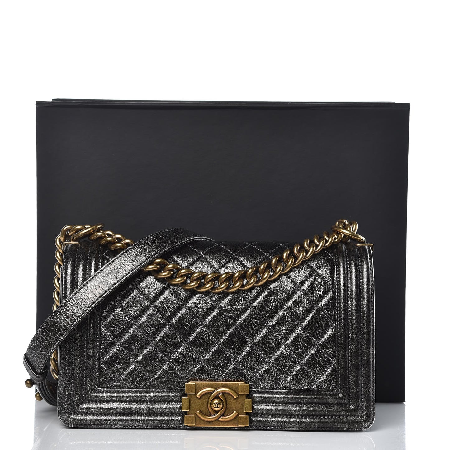 Cracked Metallic Calfskin Quilted Medium Boy Flap Dark Silver